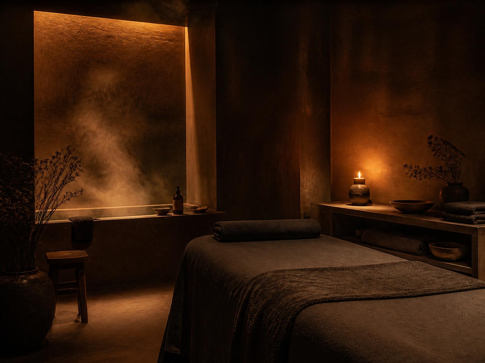 Candlelit treatment room with a made-up massage table