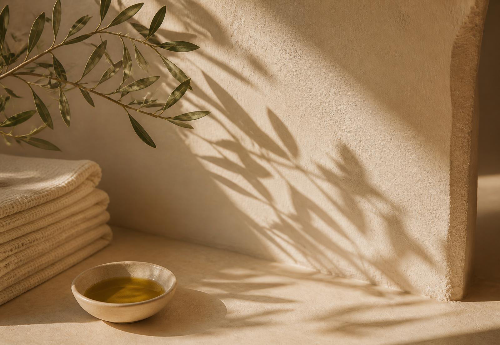Folded towels, treatment oil and an olive branch in afternoon light